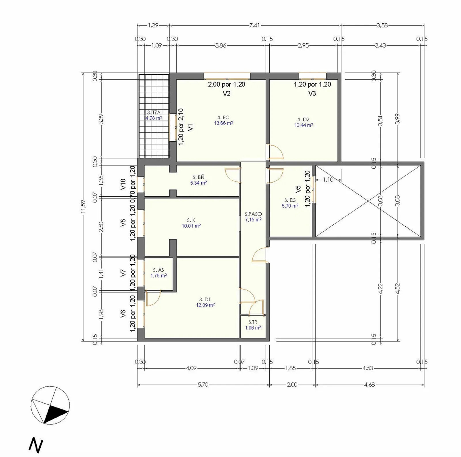Plano acotado del piso, con la superficie de cada estancia
