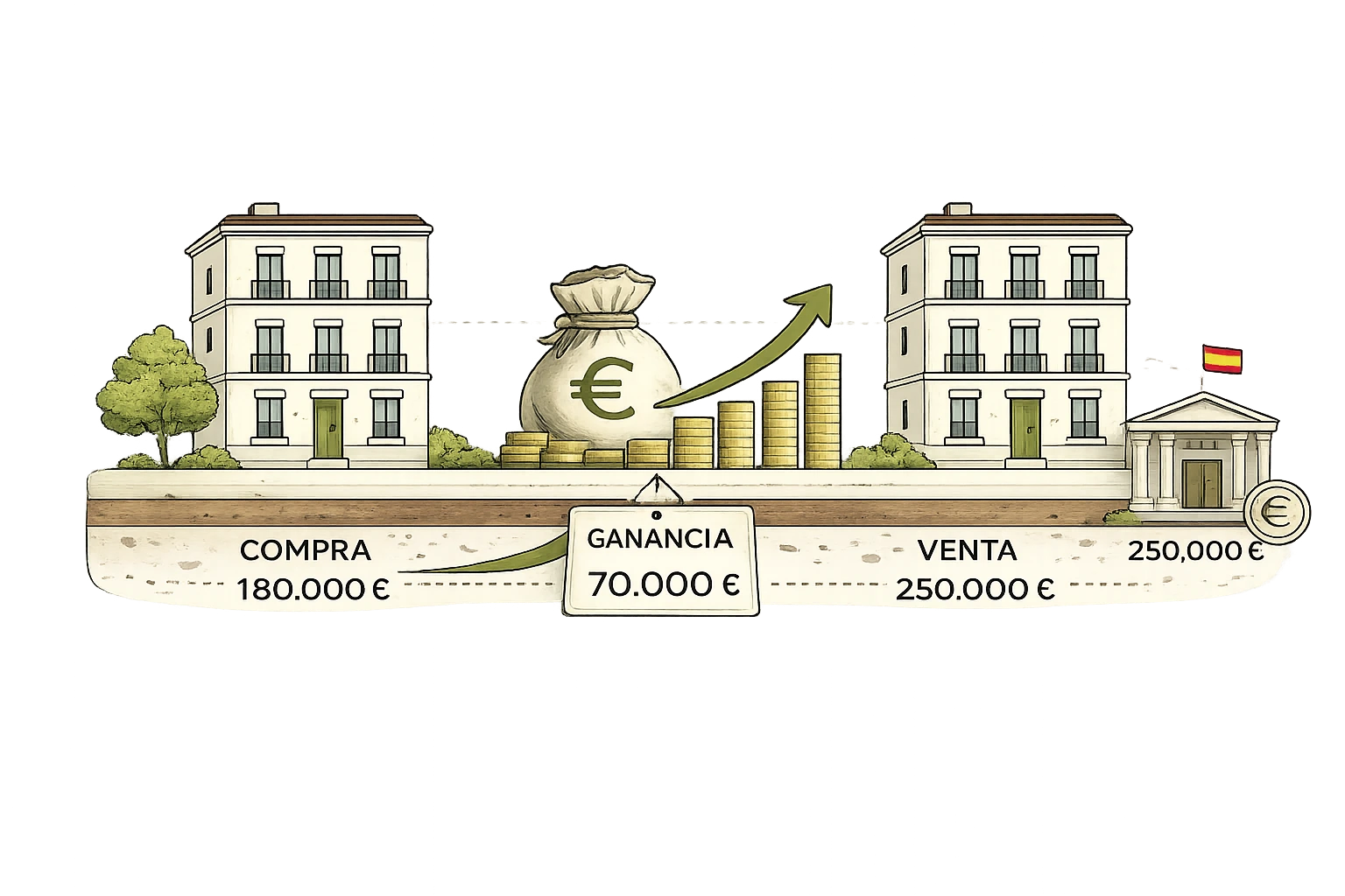 Una vivienda comprada por 180.000 € se vende por 250.000 €: la ganancia de 70.000 € es lo que tributa en el IRPF ante Hacienda