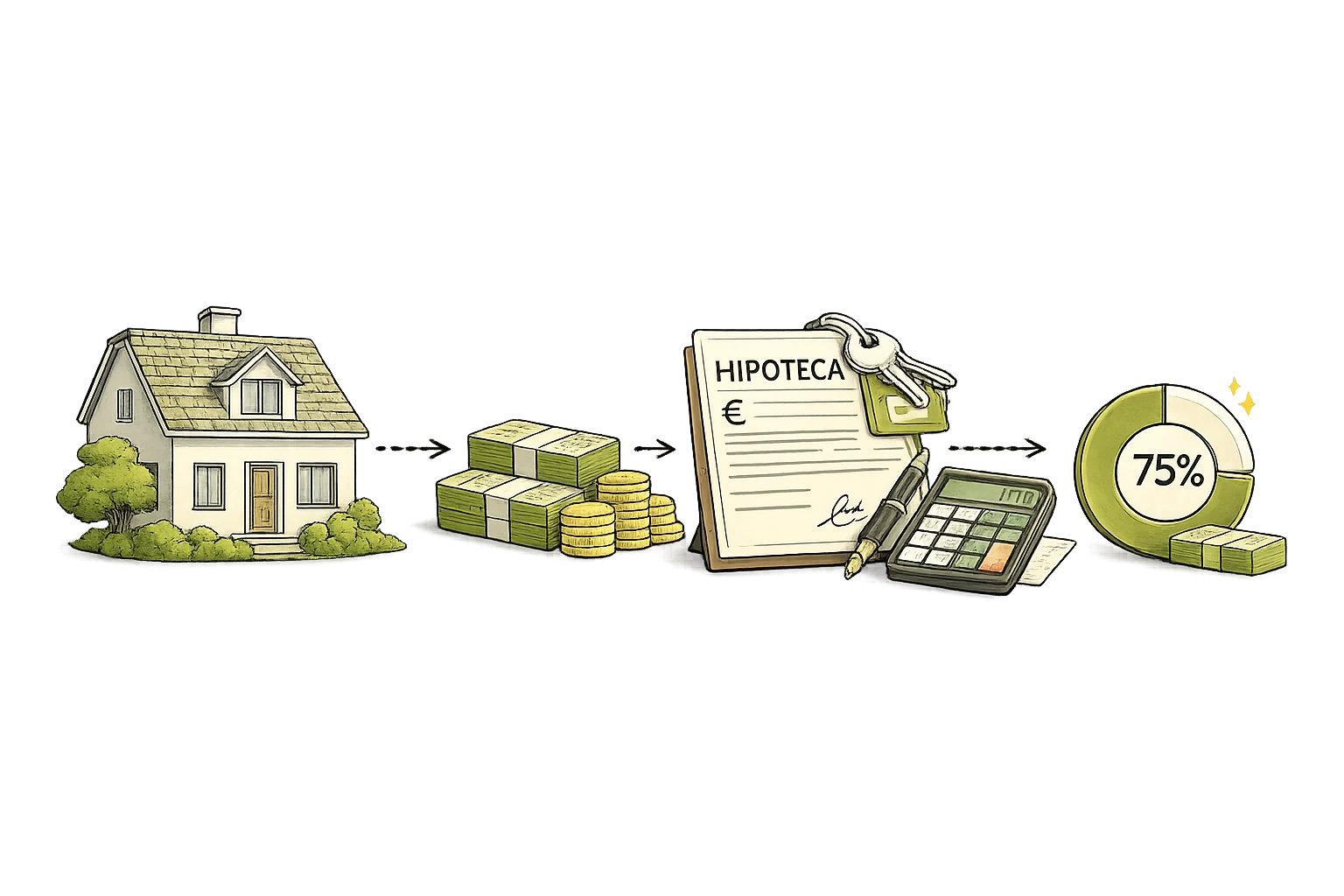 Una casa, el dinero de la entrada, la escritura de la hipoteca con las llaves y una calculadora: las piezas para calcular tu cuota