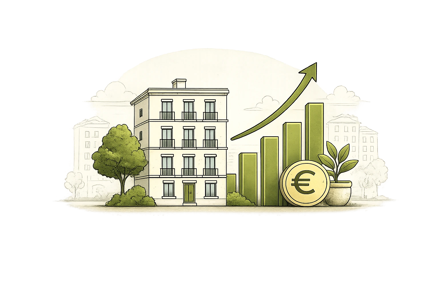 Un edificio de pisos en alquiler con un gráfico de barras al alza y una moneda de euro: los números de la rentabilidad