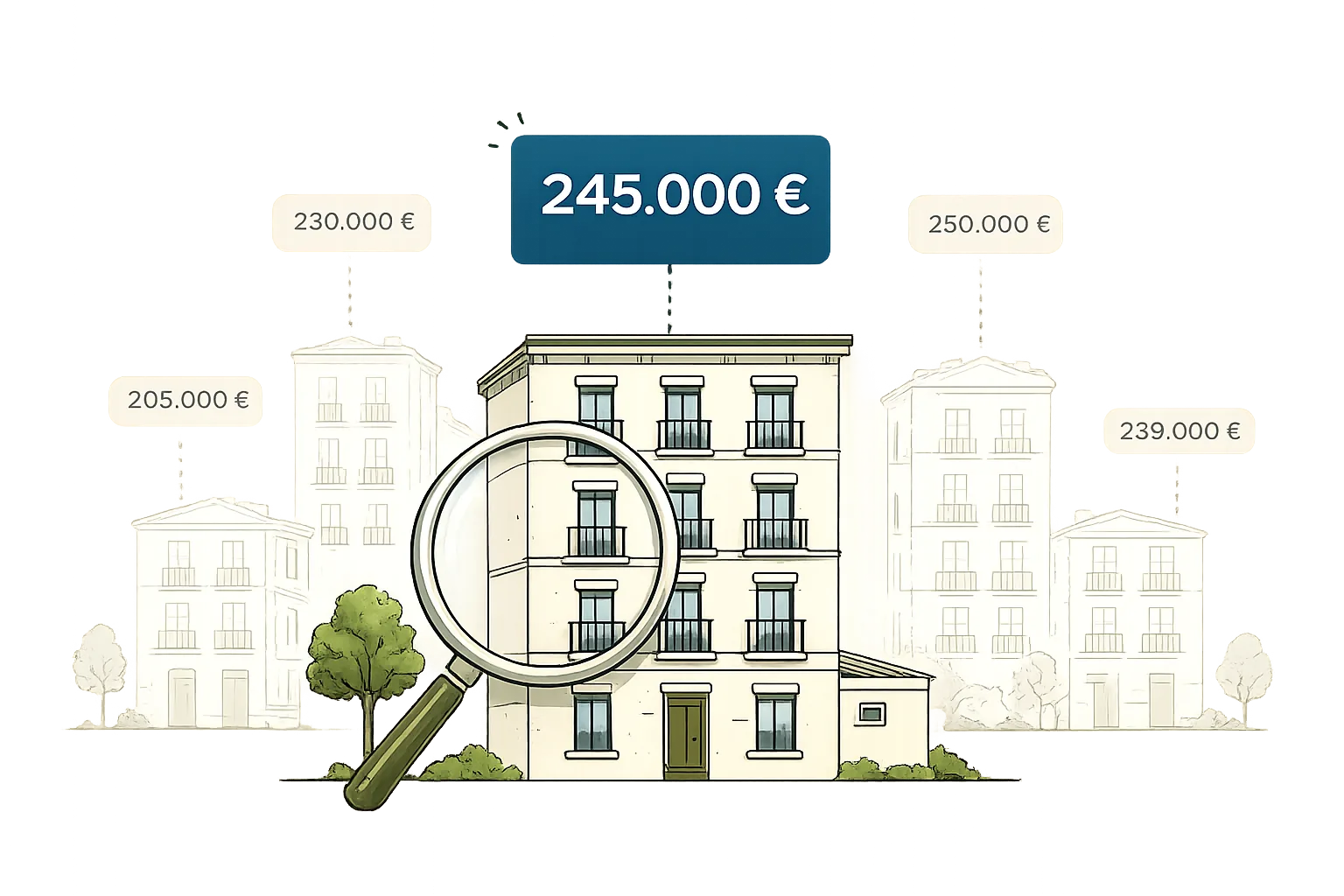Edificio de pisos valorado en 245.000 € bajo una lupa, entre viviendas comparables del barrio con sus precios