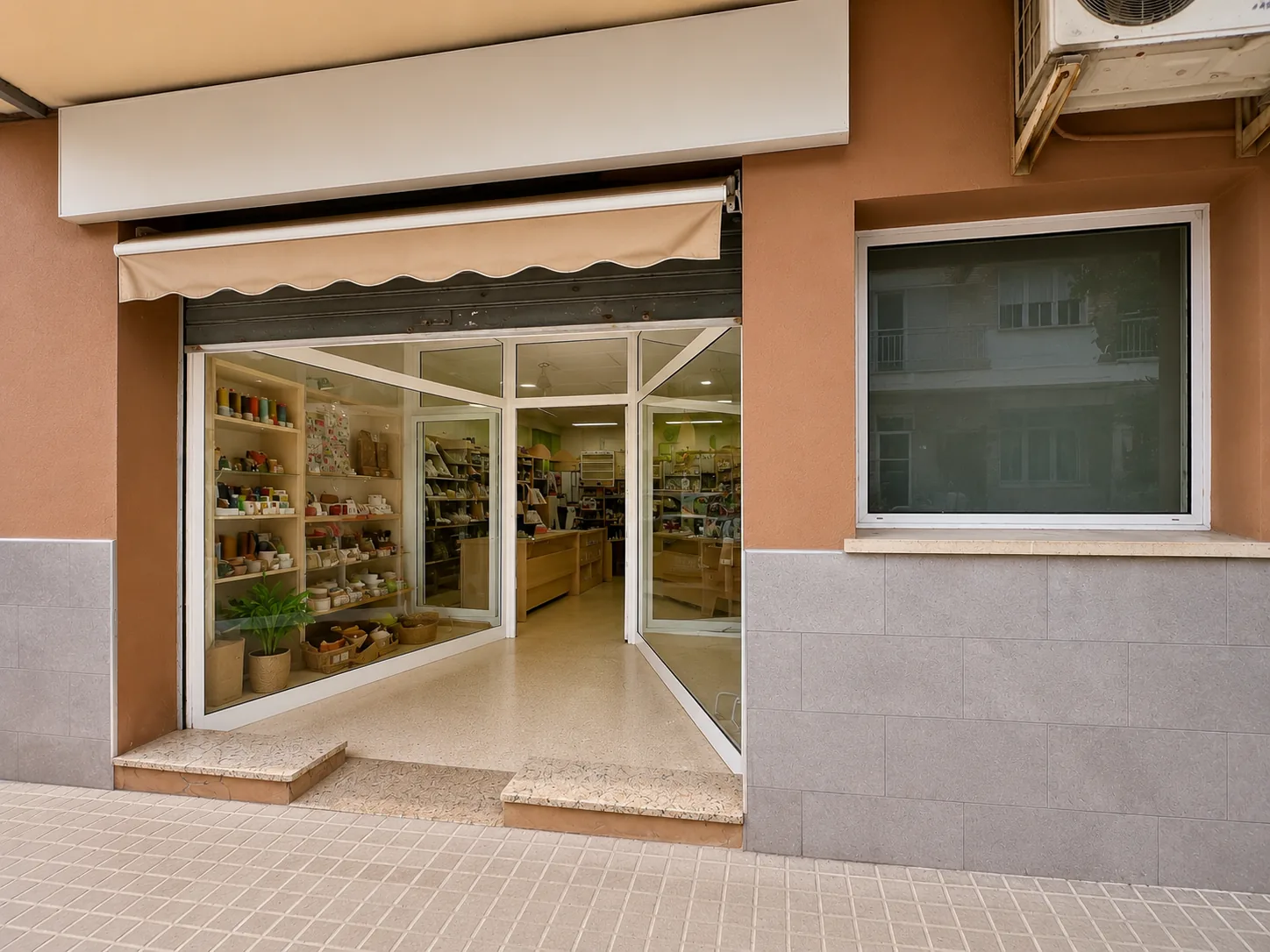 Fachada del local con escaparate, toldo y puertas de cristal a la calle