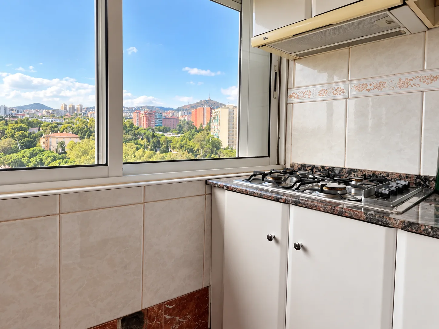 Placa de cocción bajo la ventana, con las vistas al fondo