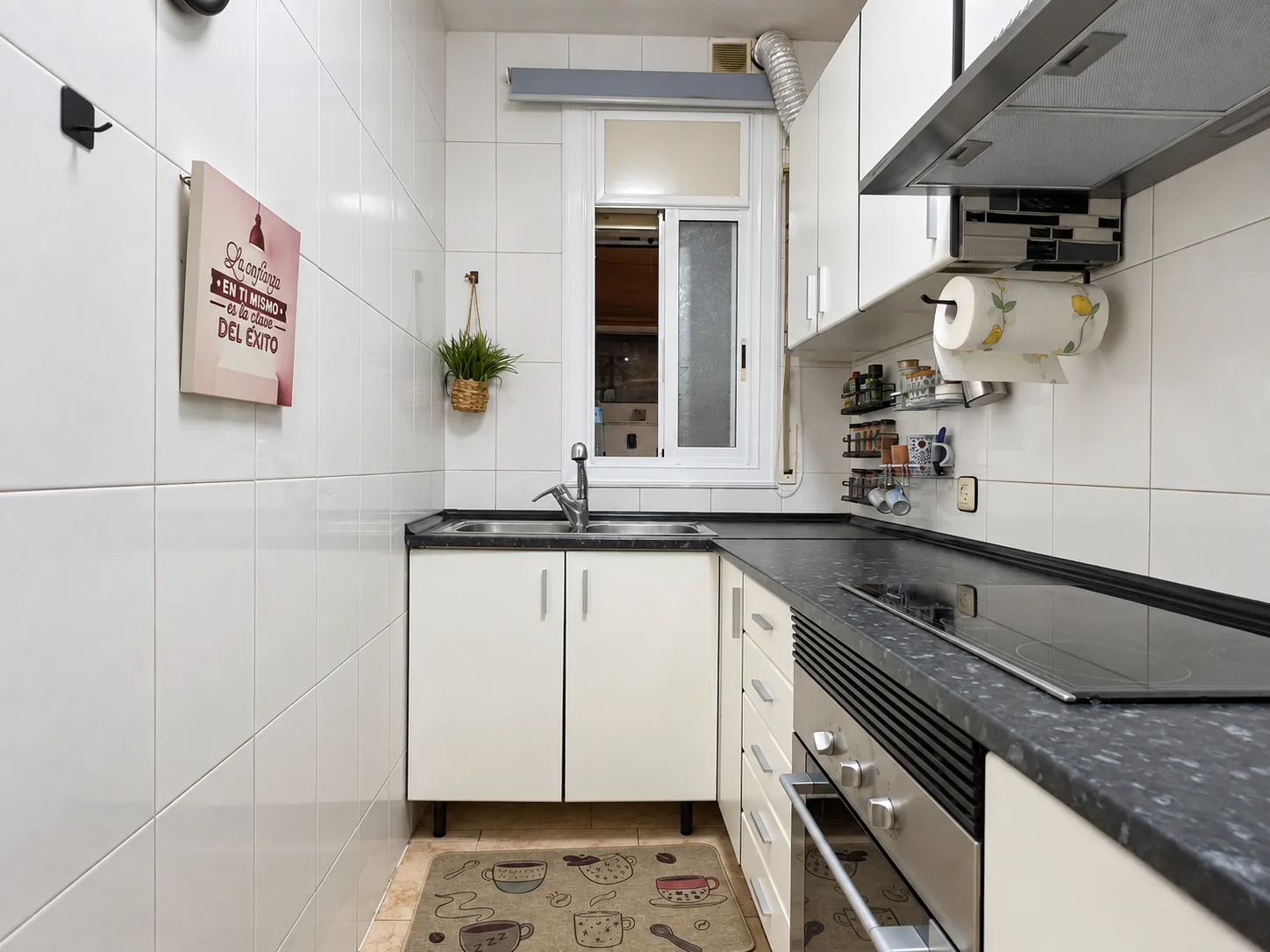 La cocina desde la puerta, con el fregadero bajo la ventana y la placa al lado