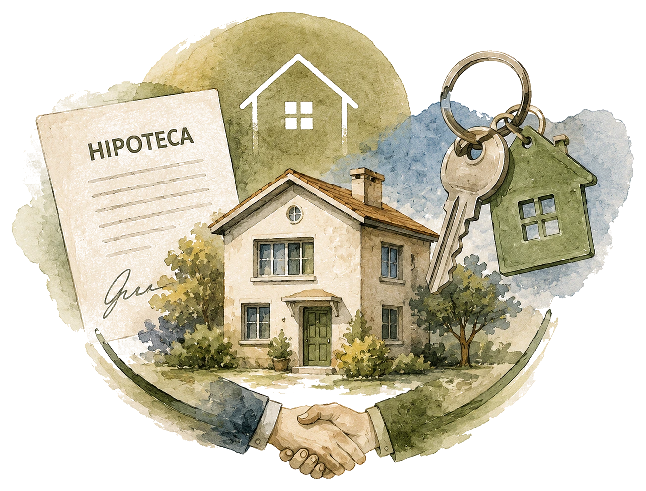 Ilustración: contrato de hipoteca, casa y llaves