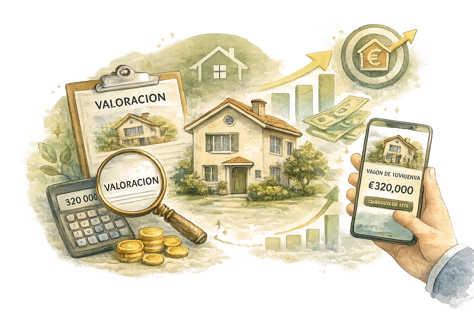 Ilustración: valoración de una vivienda con lupa y calculadora